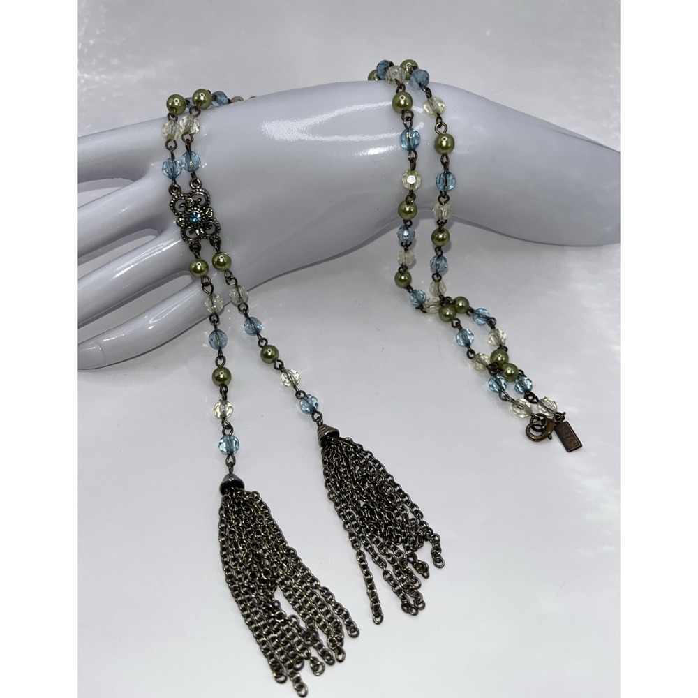 1928 Necklace Antiqued Faceted Beads Faux Pearls Tassels Lariat Style Estate 32"